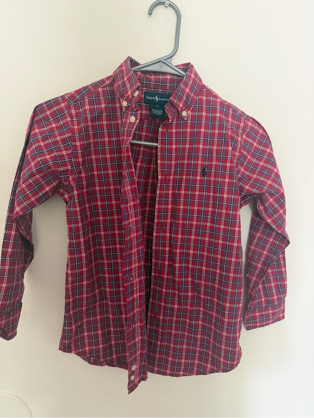 Ralph Lauren Red Plaid Button-Down Shirt with Navy Pony Embroidery